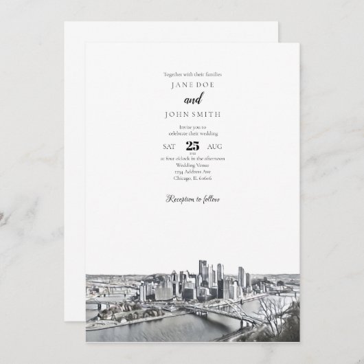 Pittsburgh Skyline Wedding Invitation Kaart (Voorkant / Achterkant)