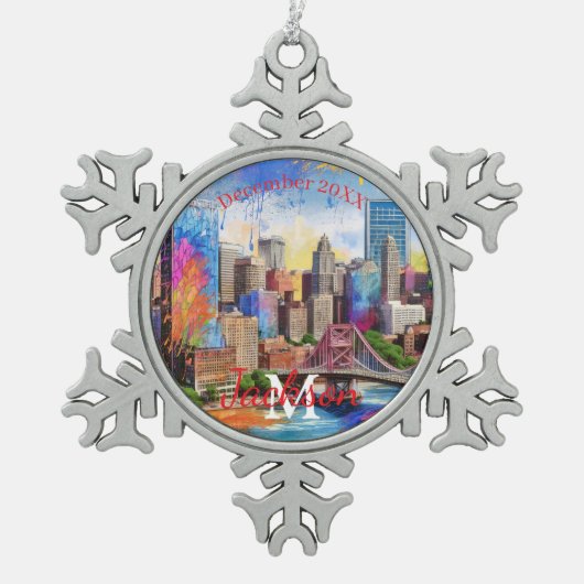 Pittsburgh Snowflake Pewter Kerstversiering Tin Sneeuwvlok Ornament (Voorkant)
