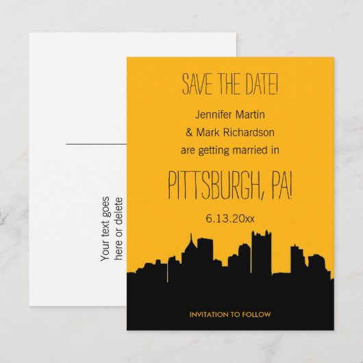 Pittsburgh Wedding Zwart en goud Save the Date Aankondigingskaart (Voorkant / Achterkant)
