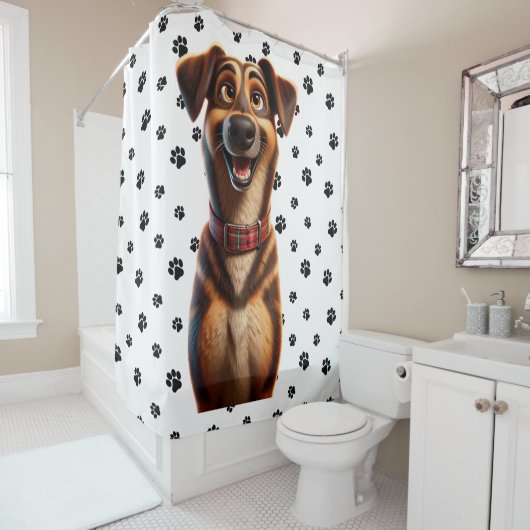 Pixar-geïnspireerd lachende pup douchegordijn (In situ)