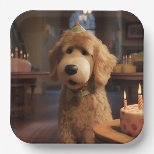 Pixar-Style Goldendoodle Verjaardagspapier Borden Papieren Bordje (Voorkant)