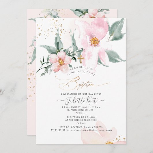 PixDezin H2 Enkelbloemige Blush Rozen Doop Kaart (Voorkant / Achterkant)