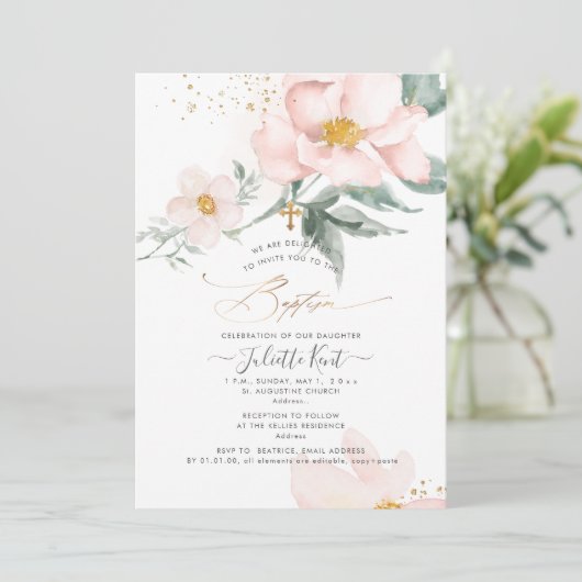 PixDezin H2 Single Petal Blush Rozen Baptisme Kaart (Staand voorkant)