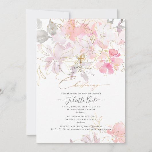 PixDezin Waterverf Blush Sweetpeas Christening Kaart (Voorkant)