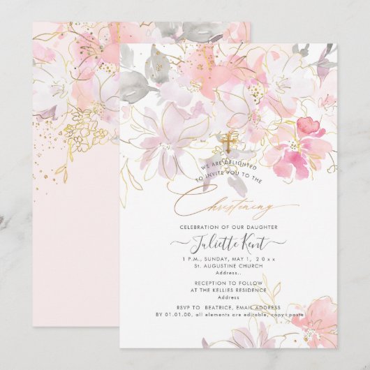 PixDezin Waterverf Blush Sweetpeas Christening Kaart (Voorkant / Achterkant)