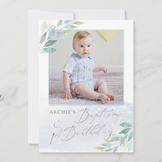 PixDezine Baptism+1st Birthday Waterverf Greenery Kaart (Voorkant)