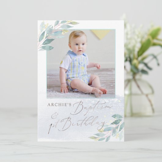 PixDezine Baptism+1st Birthday Waterverf Greenery Kaart (Staand voorkant)