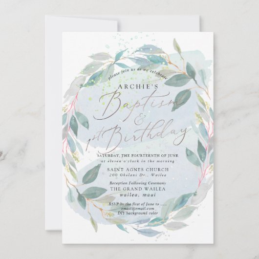 PixDezine Baptism+1st Birthday Waterverf Greenery Kaart (Achterkant)