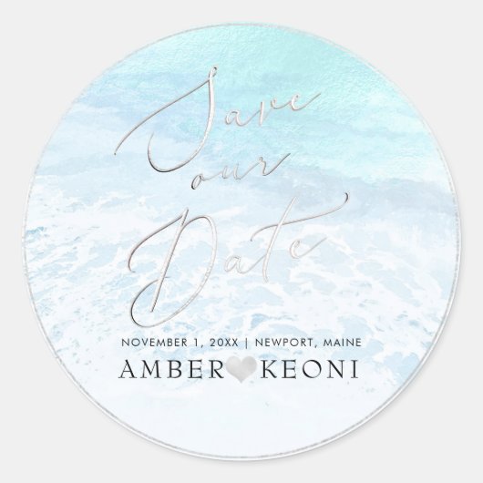 PixDezine Beach Iriserend Blauw Save Our Date Ronde Sticker (Voorkant)