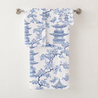 PixDezine Blauwe Chinoiserie Pagodes Kersenbloesem Bad Handdoek