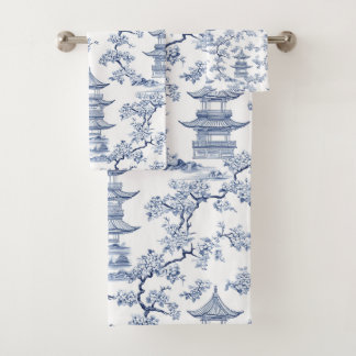 PixDezine Blauwe Chinoiserie Pagodes Kersenbloesem Bad Handdoek