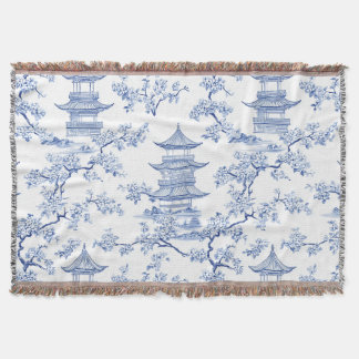 PixDezine Blauwe Chinoiserie Pagodes Kersenbloesem Deken