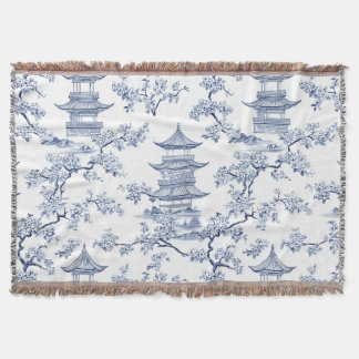 PixDezine Blauwe Chinoiserie Pagodes Kersenbloesem Deken