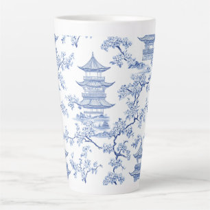 PixDezine Blauwe Chinoiserie Pagodes Kersenbloesem Latte Mok