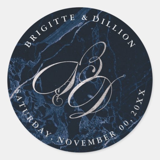 PixDezine DIY/Midnight Blue Marble/Faux Silver Ronde Sticker (Voorkant)