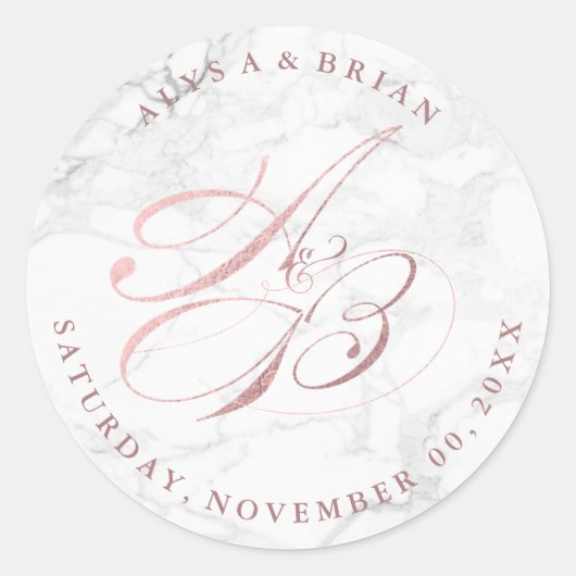 PixDezine DIY Monograms/Marmer/Faux Roos Gold Ronde Sticker (Voorkant)