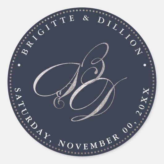 PixDezine Faux zilver Monogram (A-Z) Ronde Sticker (Voorkant)