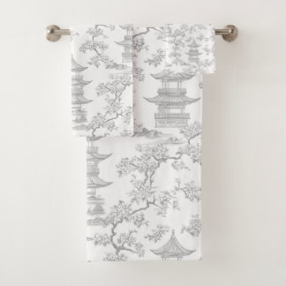 PixDezine Grijs Chinoiserie Pagodes Kersenbloesem Bad Handdoek