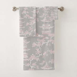PixDezine Grijs Chinoiserie Pagodes Kersenbloesem Bad Handdoek