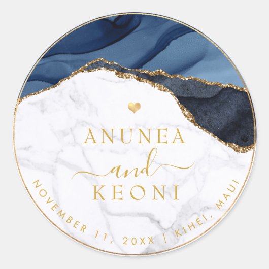 PixDezine H2 Blue Agate + Marble Faux Gold Heart Ronde Sticker (Voorkant)