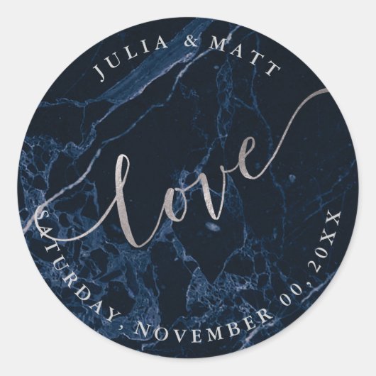 PixDezine Love/Midnight Blue Marble/Faux Silver Ronde Sticker (Voorkant)