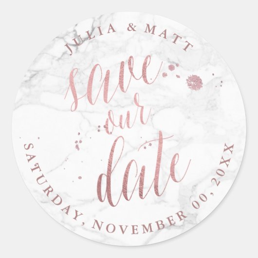 PixDezine Marble Save the Date/Faux Roos Gold Ronde Sticker (Voorkant)