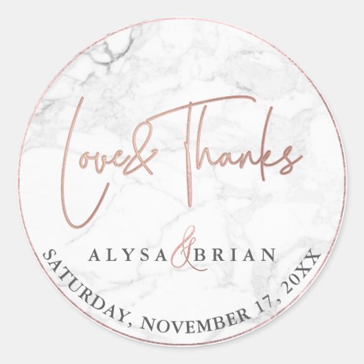 PixDezine Marmer/Faux Roos Gouden Liefde + Bedankt Ronde Sticker (Voorkant)