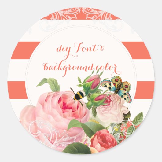 PixDezine  roos/koraal + witte strepen Ronde Sticker (Voorkant)