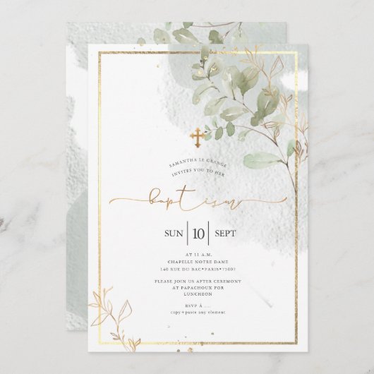 PixDezine Waterverf Groen Goud Doop Kaart (Voorkant / Achterkant)