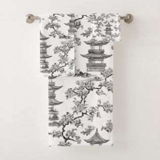 PixDezine Zwarte Chinoiserie Pagode Kersenbloesems Bad Handdoek