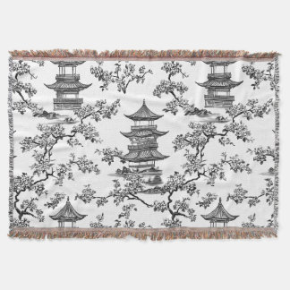 PixDezine Zwarte Chinoiserie Pagode Kersenbloesems Deken