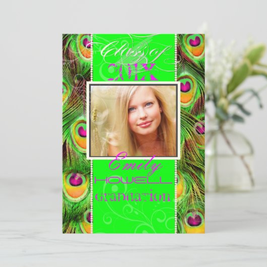 PixDezines 2012 Afstudeerders, neongroene pauw Kaart (Staand voorkant)