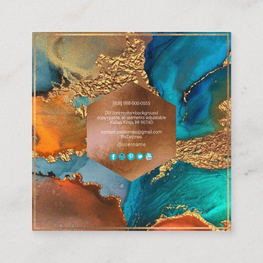 PixDezines Abstract Galaxy H2 Copper Gold Blauwgro Vierkante Visitekaartje (Achterkant)
