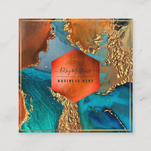PixDezines Abstract Galaxy H2 Copper Gold Blauwgro Vierkante Visitekaartje (Voorkant)