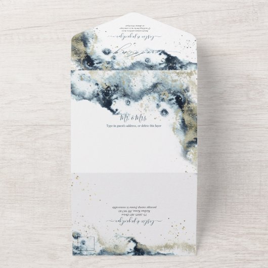 PixDezines Abstract Galaxy Midnight Blue Gold All In One Uitnodiging (Buitenkant)