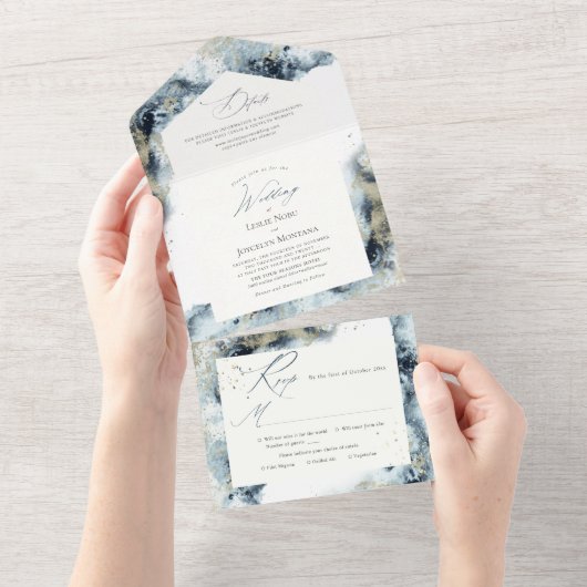 PixDezines Abstract Galaxy Midnight Blue Gold All In One Uitnodiging (Afscheurbaar)