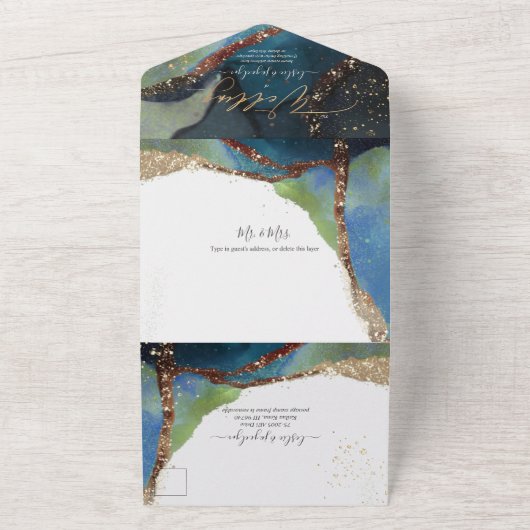 PixDezines Abstracte At Sea Marine Blauwe Mos All In One Uitnodiging (Buitenkant)