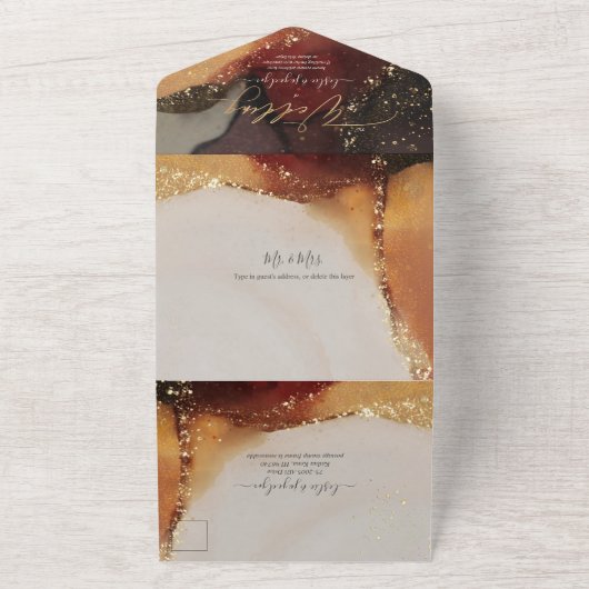 PixDezines Abstracte kosmische Faux Gold Veins All In One Uitnodiging (Buitenkant)