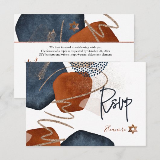 PixDezines Abstracte RSVP Navy Copper Bat Mitzvah✡ Kaartje (Voorkant / Achterkant)