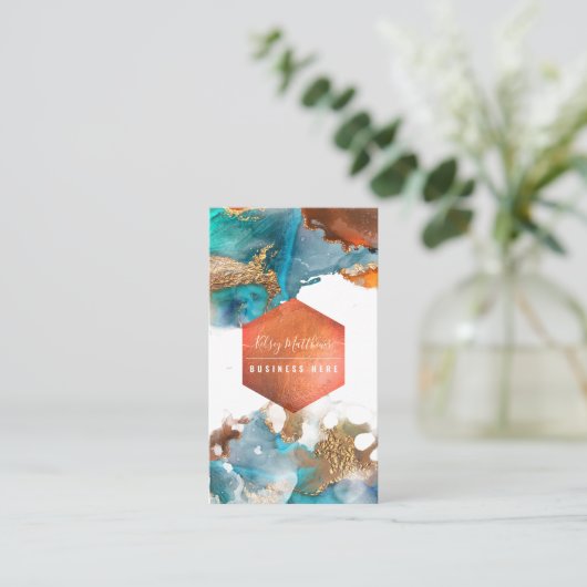 PixDezines Abstracte Waterverf Koper Gold Blauwgro Visitekaartje (Staand voorkant)