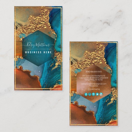 PixDezines Abstracte Waterverf Koper Gold Blauwgro Visitekaartje (Voorkant / Achterkant)