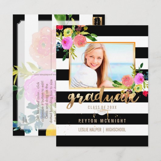 PixDezines Afstuderen/Bloemen Waterverf/Strepen Aankondigingskaart (Voorkant / Achterkant)