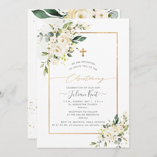 PixDezines Alabaster Rozen H2 Flowers Christening Kaart (Voorkant / Achterkant)