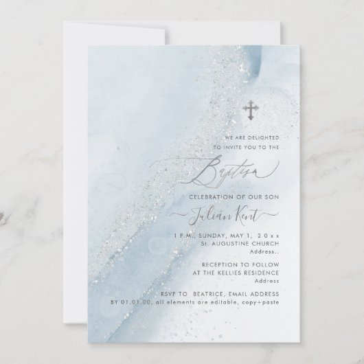 PixDezines Alcohol+Ink Stoffig Blauw Zilver Doop Kaart (Voorkant)