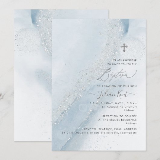 PixDezines Alcohol+Ink Stoffig Blauw Zilver Doop Kaart (Voorkant / Achterkant)