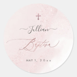 PixDezines AlcoholInk Blush Roze Rose Goud Doop Ronde Sticker