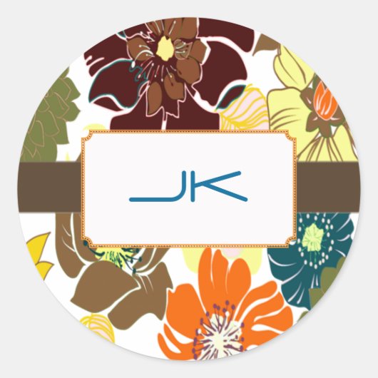 PixDezines Alegre Retro Bloem, Monogram Ronde Sticker (Voorkant)