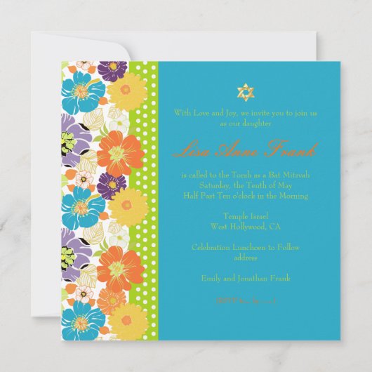 PixDezines Alegre retro floral, Bat Mitswa Kaart (Achterkant)