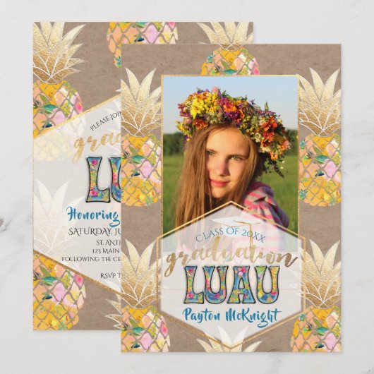 PixDezines Aloha Ananas, Afstuderen Luau Kaart (Voorkant / Achterkant)