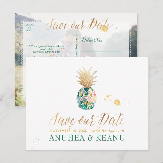 PixDezines Aloha Ananas/Dark Blauwgroen/Save the D Aankondigingskaart (Voorkant / Achterkant)